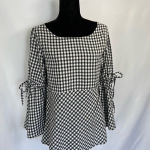 Loft Black White Gingham Check Print Top Long Slit Bell Sleeves Blouse Size S